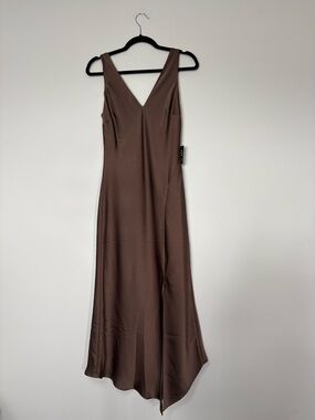 NWT Express Satin Slip Dress Asymmetrical Chocolate Brown V-Neckline Size S